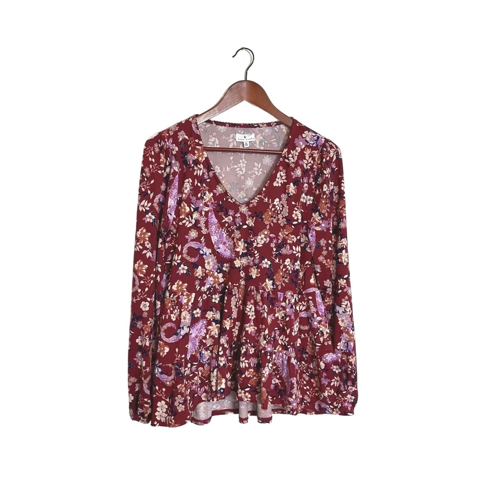 Burgundy Boho‎ Babydoll Floral Long Sleeve Peasant Top Women's M Feminine Fairy